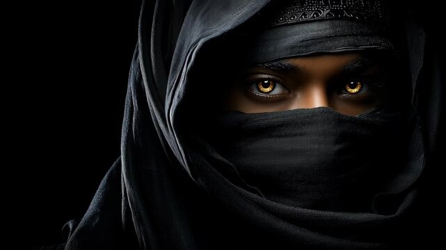 Portrait of a woman in black veil showcasing striking eyes against a dark background