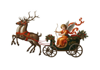 An illustration of a cherubic figure with wings, holding a bow and arrow, riding in a decorated carriage pulled by a reindeer.