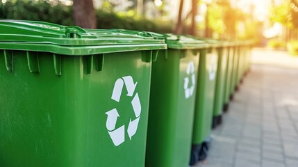 Row of green recycling bins with white arrows symbol