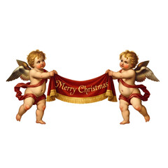 Two cherubs holding a red banner with.
