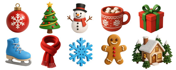 A set of cute 3D Christmas icons—a Christmas tree ball,  gift, snowflake,  scarf, etc. Transparent background.