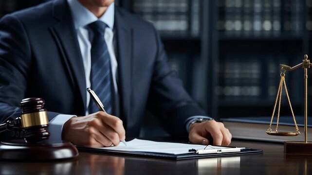 Professional lawyer writing legal documents in an office with a gavel and scales of justice