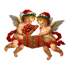 Two cherubic angels with wings and Santa hats opening a Christmas gift box.