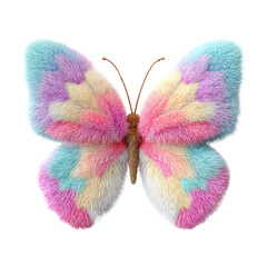 3D render of a cute furry butterfly with pastel-colored wings isolated on white background