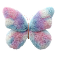 3D render of a cute furry butterfly with pastel-colored wings isolated on white background