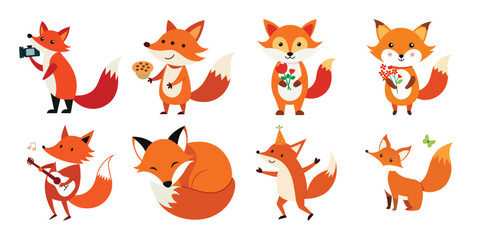 Collection of cute cartoon foxes engaged in various activities and poses