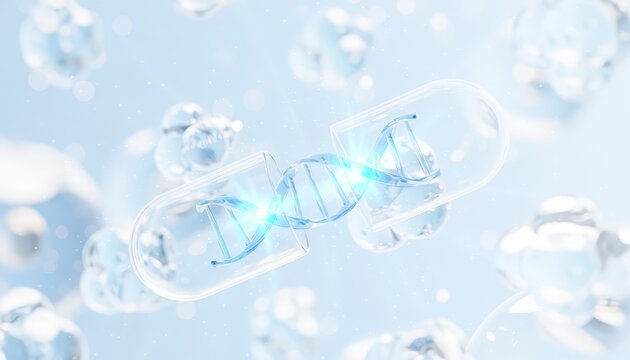 Stunning 3D rendering of DNA helix encapsulated in a pill, symbolizing health, medicine, and scientific breakthroughs against disease
