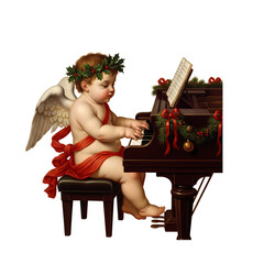 A vintage illustration of a cherub angel with a holly wreath playing a Christmas-decorated piano.