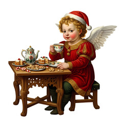 A cherubic angel in a red Santa hat and tunic enjoys a festive tea party with cookies and cakes.