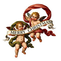 Two winged cherubs holding a "MERRY CHRISTMAS" banner, classic festive illustration.