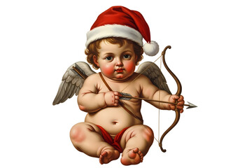 A vintage illustration of a cherubic angel wearing a Santa hat, holding a bow and arrow.