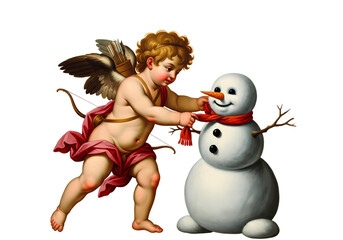 Cupid building a snowman, with a bow and arrow, wearing a red cloth.