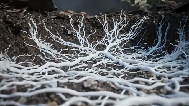 Detailed Microscopic View of Mycelium Fungi Network in Soil.