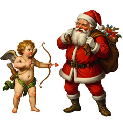 Cupid aiming his bow and arrow with a heart-tipped arrow at a surprised Santa Claus on a white background.