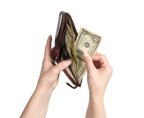 Female hands taking out several one-dollar bills from a wallet, on transparent background PNG, concept of money, cash flow, economy, wages, budget, or finance