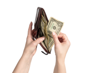 Female hands taking out several one-dollar bills from a wallet, on transparent background PNG, concept of money, cash flow, economy, wages, budget, or finance