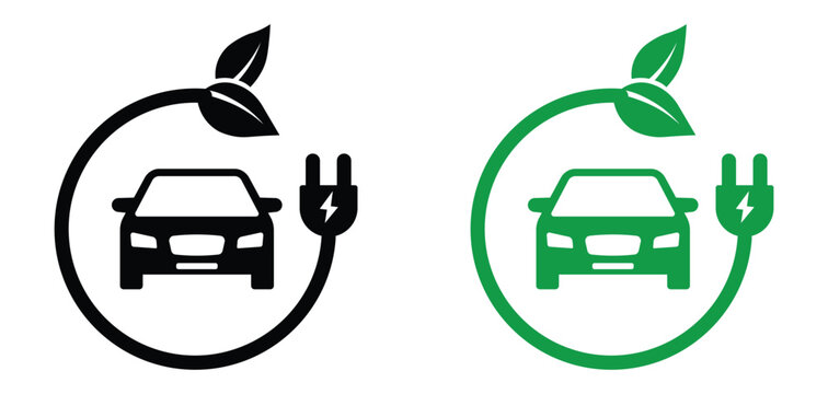 EV charging icon. electric car with plug icon. eco friendly transport symbol.  Electric car charging station. vector illustration and transparent PNG.
