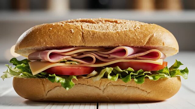 Delicious Ham and Cheese Sub Sandwich Being Assembled with Fresh Ingredients.