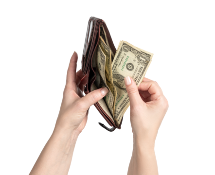 Female hands taking out several one-dollar bills from a wallet, on transparent background PNG, concept of money, cash flow, economy, wages, budget, or finance - Powered by Adobe