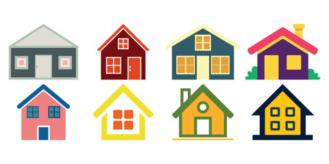 Vector illustration of eight colorful house icons with varied architectural styles, representing residential diversity and home design concepts
