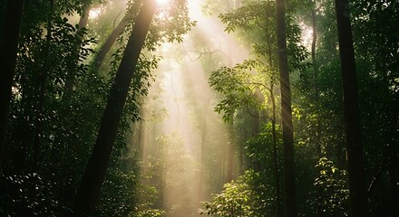 Sunlight filtering through a lush green forest creating a mystical and serene atmosphere.