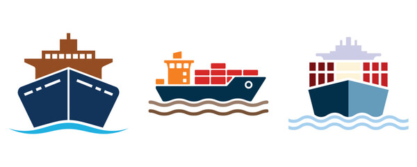 Vector illustration of three cargo ships in varied colors and perspectives, representing maritime transport, trade, and global logistics