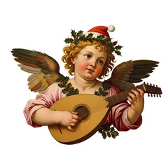 A cherubic angel with wings, wearing a Santa hat, playing a lute, and adorned with holly.