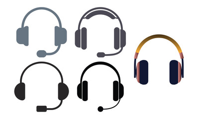 Stylized vector illustration of five headset and headphone icons in varied designs, representing audio communication and entertainment tools