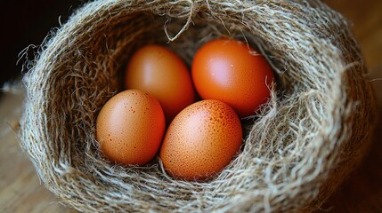 Rustic twine nest cradles four speckled brown eggs on a wooden surface