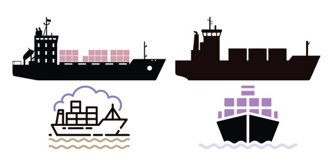 Stylized vector illustration of cargo ships with stacked containers in varied orientations, representing global trade and maritime logistics