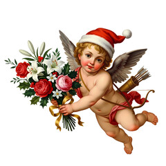 A festive cherub wearing a Santa hat, holding a beautiful bouquet of red roses, white lilies, and holly, with a bow and quiver of arrows on its back, against a white background.