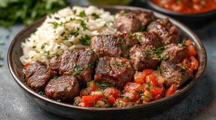 Savory grilled beef cubes with fluffy rice, chopped tomatoes, and herbs
