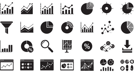 Analytics dashboard glyph icon set. Vector pictograms of percent, growth graph, decline, trend, arrow, filter, segmentation, magnify, analysis, document, black sign silhouette illustration