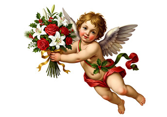 A charming cherub with curly hair and wings, holding a bouquet of red roses and white lilies.