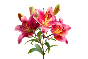 Vibrant pink lilies bloom against a stark black background