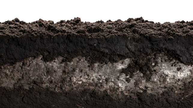 Layers of dark earth and organic material close up