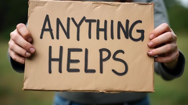 A handwritten cardboard sign with the words "Anything Helps" held by dirty hands
