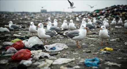 Seagulls forage amidst a vast expanse of discarded plastic waste