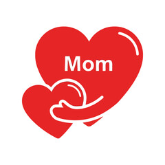 Red heart with mom text and a smaller heart embraced by a white outline hug, symbolizing love and care Vector, illustration