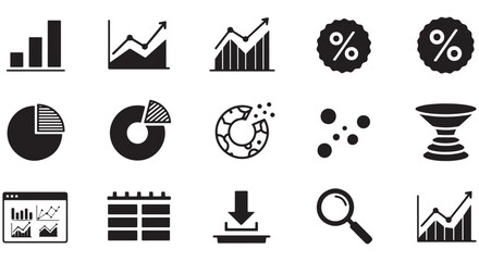 Analytics dashboard glyph icon set. Vector pictograms of percent, growth graph, decline, trend, arrow, filter, segmentation, magnify, analysis, document, black sign silhouette illustration