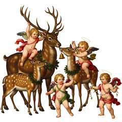 Vintage Christmas illustration of angels with reindeer and bells.