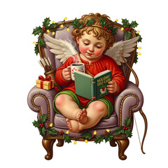 A cherubic cupid dressed in red, adorned with a holly wreath and fairy lights, sits in a plush armchair reading a book and holding a mug.
