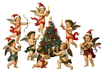 A charming vintage illustration of cherubs in Santa hats decorating a Christmas tree.
