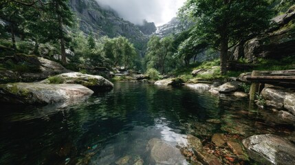 Obraz premium Serene mountain stream cascades through lush forest, rocks, and clear water