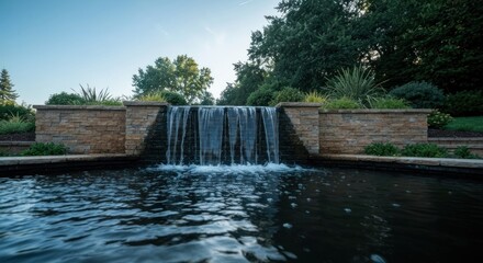 Serene tiered stone waterfall cascades into a tranquil reflecting pool