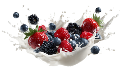 Fresh berries splashing into creamy white liquid