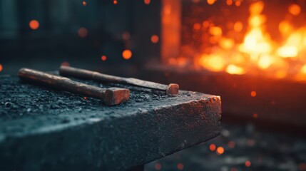 A close-up of a forge with glowing embers, featuring two iron rods resting on a dark anvil, highlighting the art of metalworking.