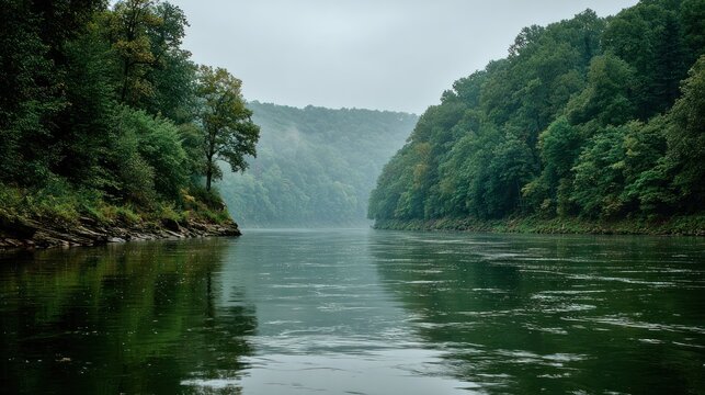 Serene river winding through lush, tree-covered hills on a misty day