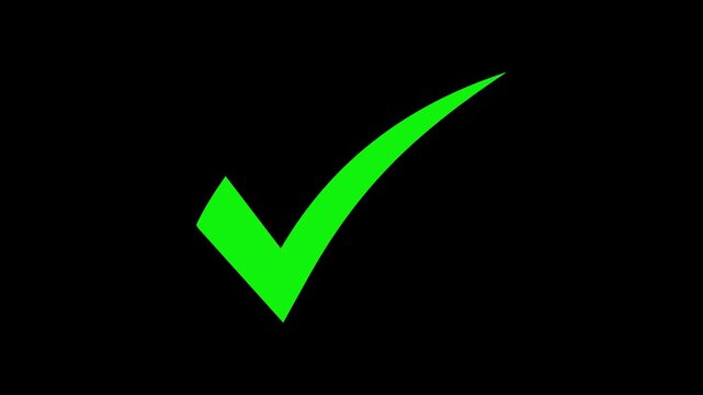 Green check mark animation on black background. Yes tick. check mark tick symbol animation overlay, Yes success approval sign motion graphics.