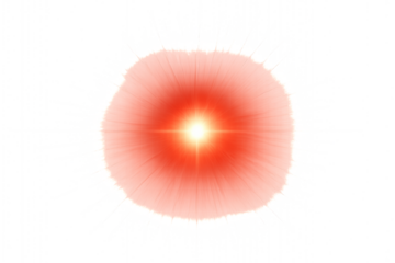 A glowing red cinematic lens flare with a radiant starburst effect, isolated on a clean white background for simple composition